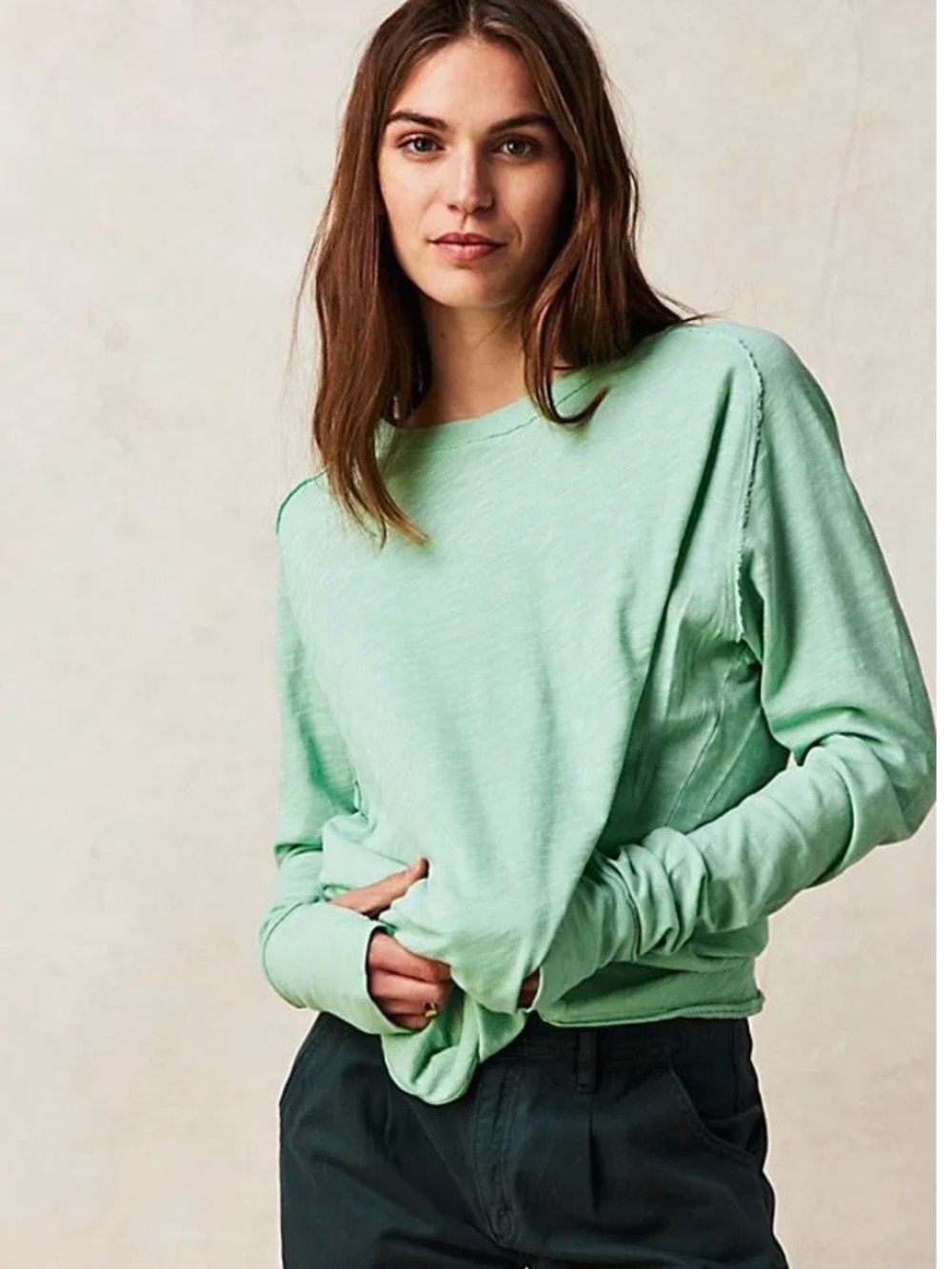 We The Free Free People Green Oversized Long Thumb Hole Sleeve Cotton Tee L~NWT